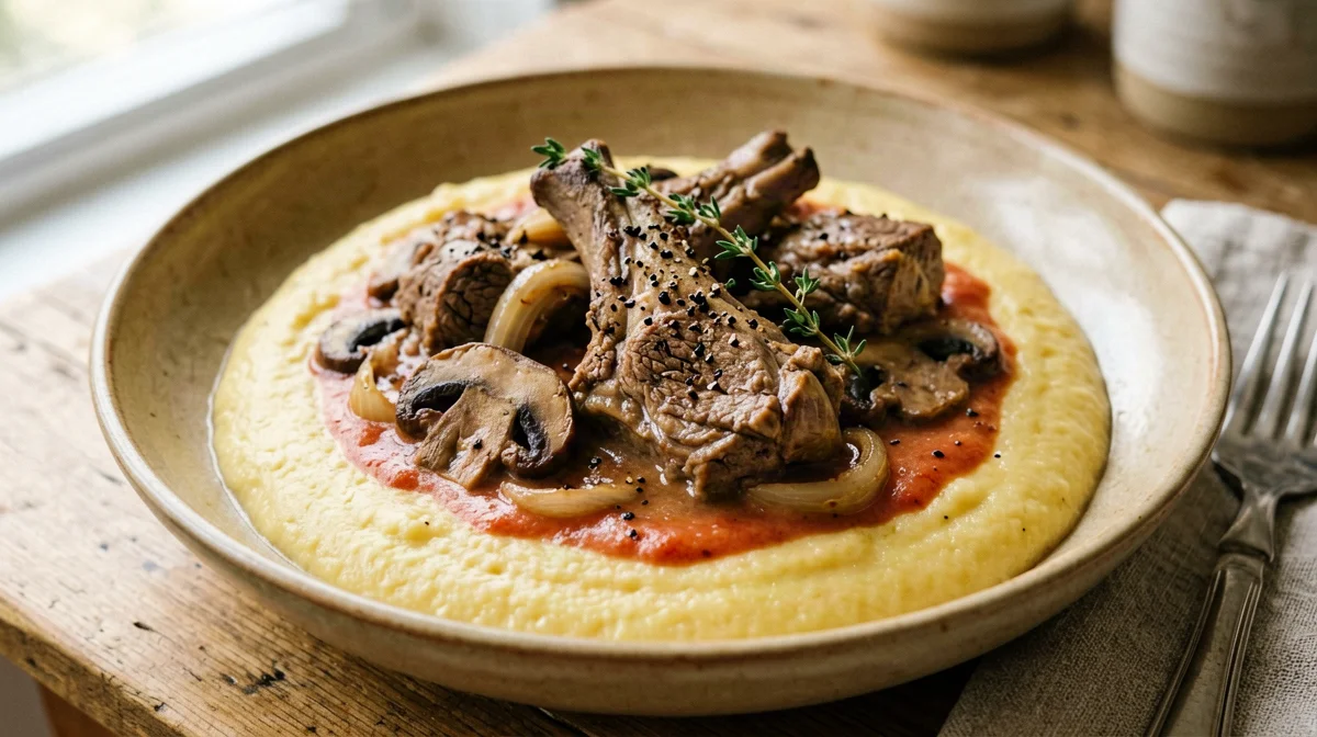 Rabbit with mushrooms and polenta