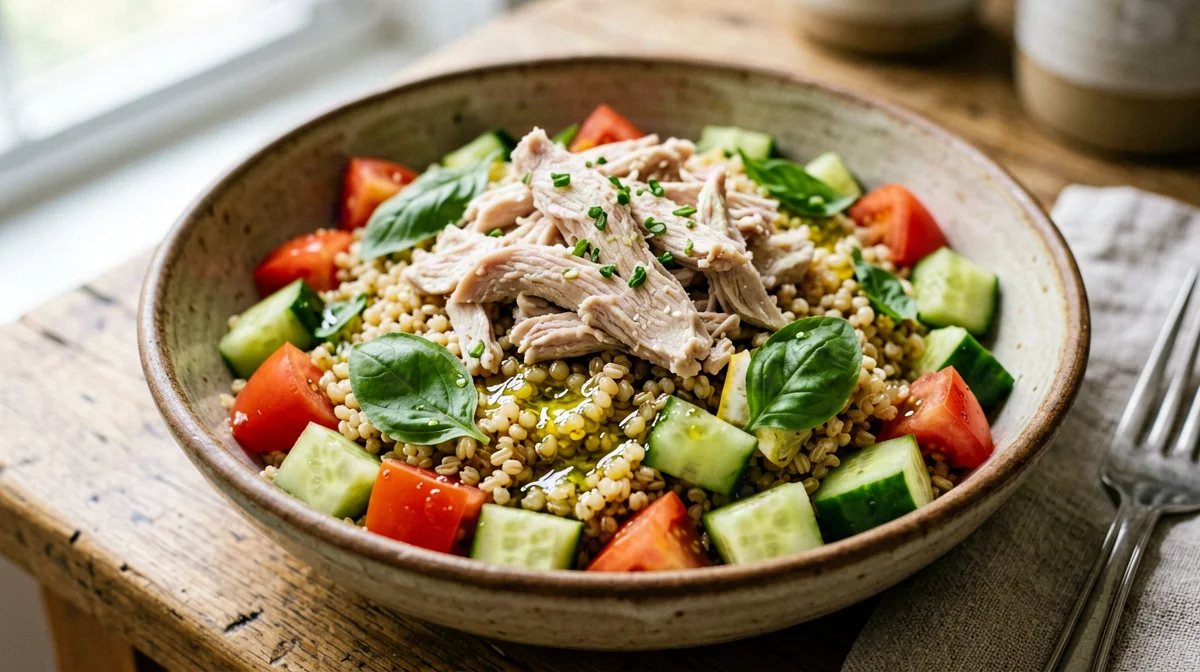 Herbed rabbit with farro, tomato and cucumber salad