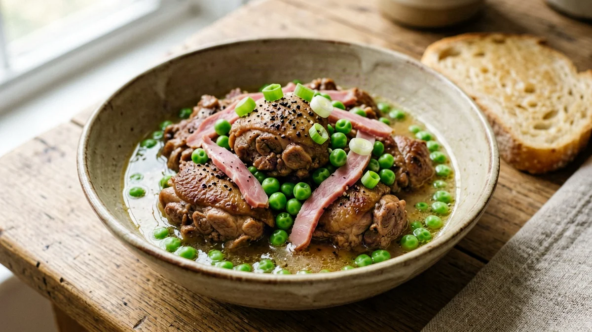 Guinea fowl with peas, prosciutto and bread