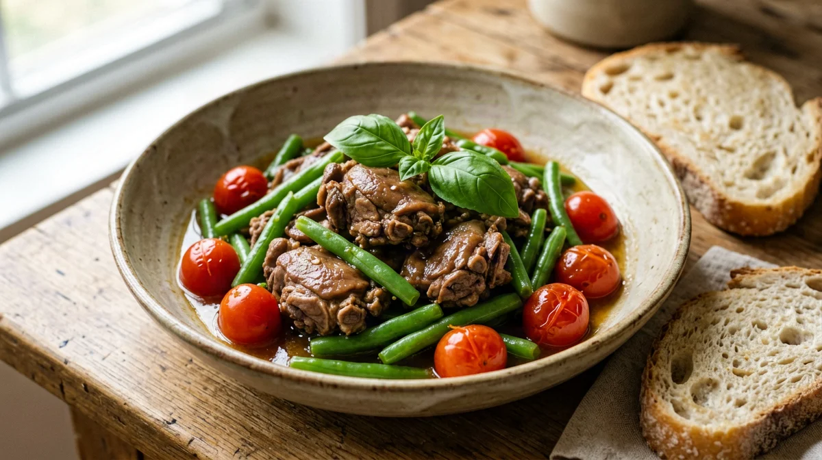 Faraona con fagiolini, pomodorini e pane