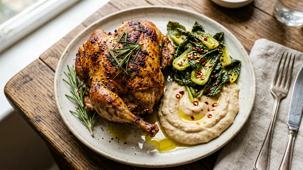 Guinea fowl with broad bean purée and chicory