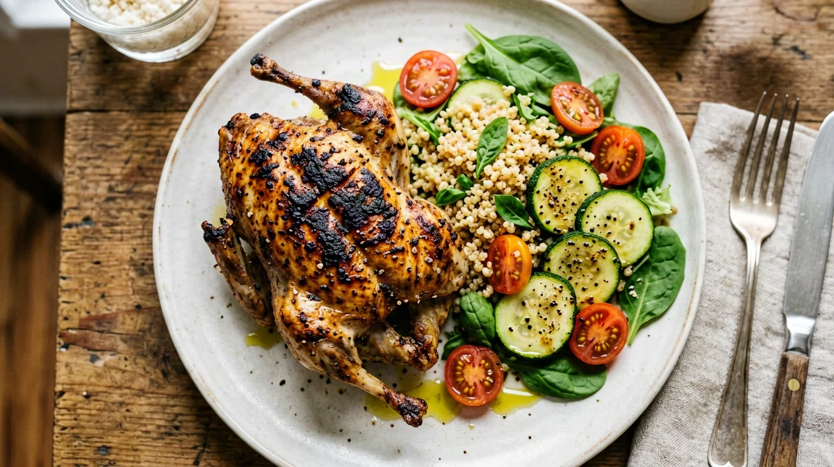 Grilled quail with farro and vegetable salad