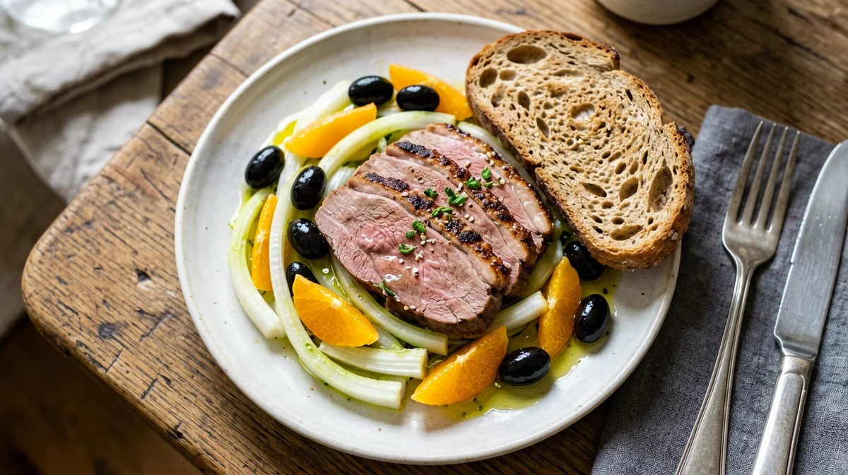 Petto d'anatra con finocchi, arance e pane