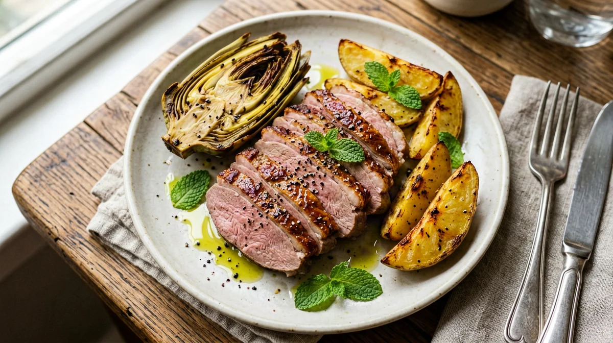 Duck breast with artichokes and potatoes