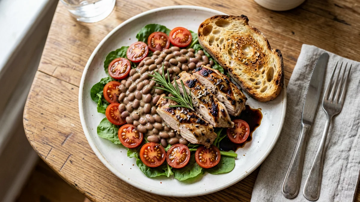 Straccetti di tacchino al balsamico con cannellini e rucola