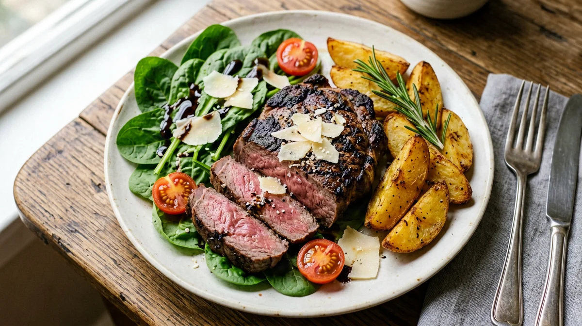 Sirloin tagliata with rocket, cherry tomatoes and rosemary potatoes