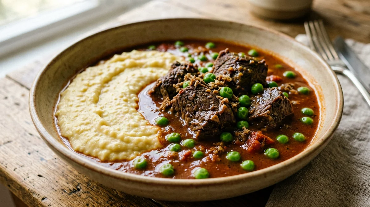 Beef stew with peas and soft polenta