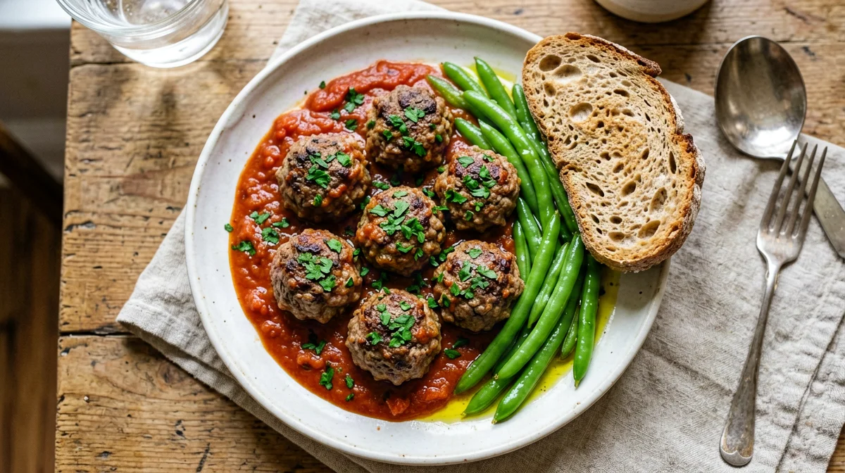 Polpette di manzo al sugo con fagiolini e pane integrale