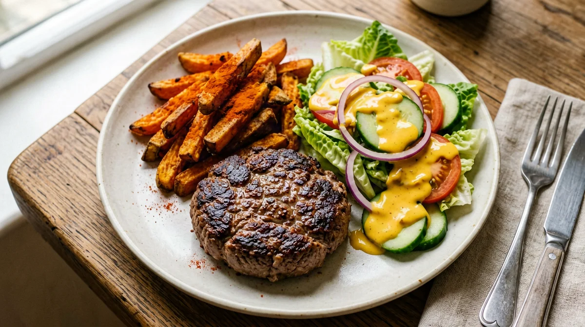 Lean beef burger with crunchy salad and baked sweet potatoes