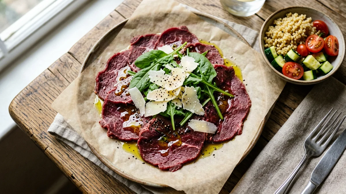 Carpaccio di manzo con rucola, grana e insalata di farro