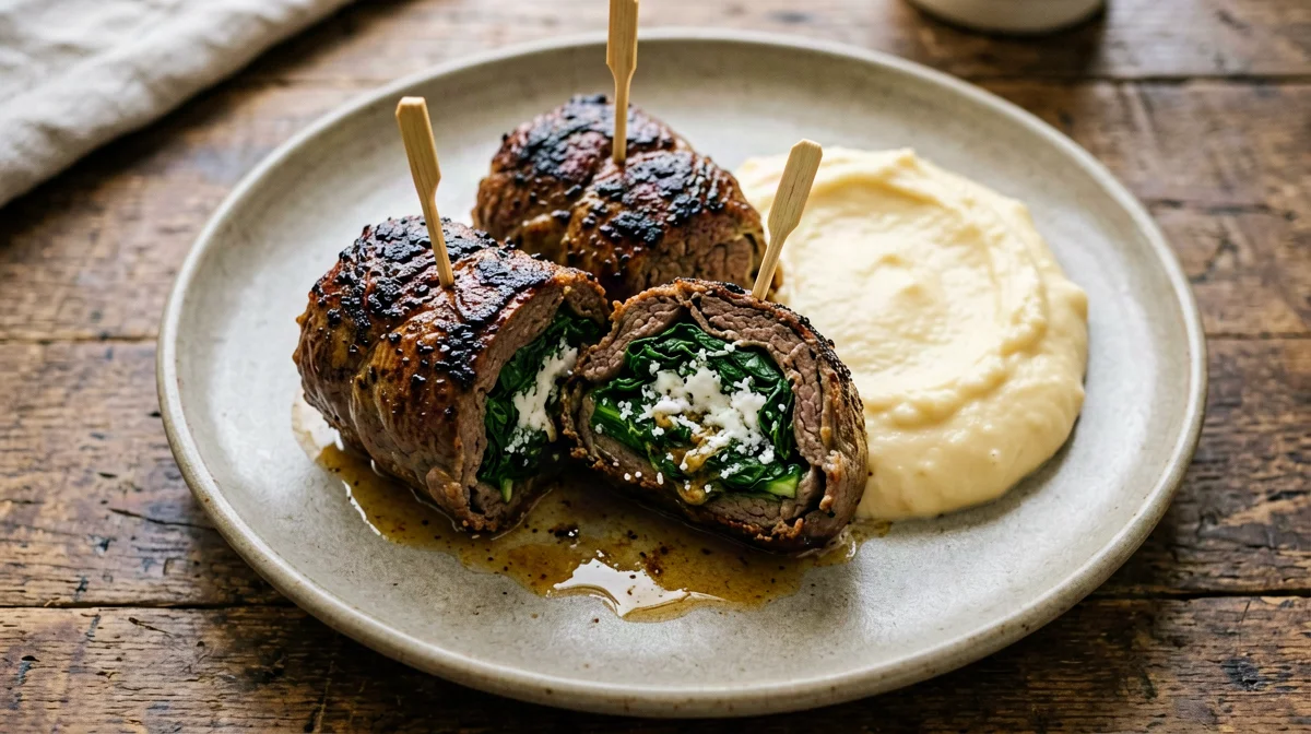 Beef rolls with spinach and pecorino and mashed potatoes