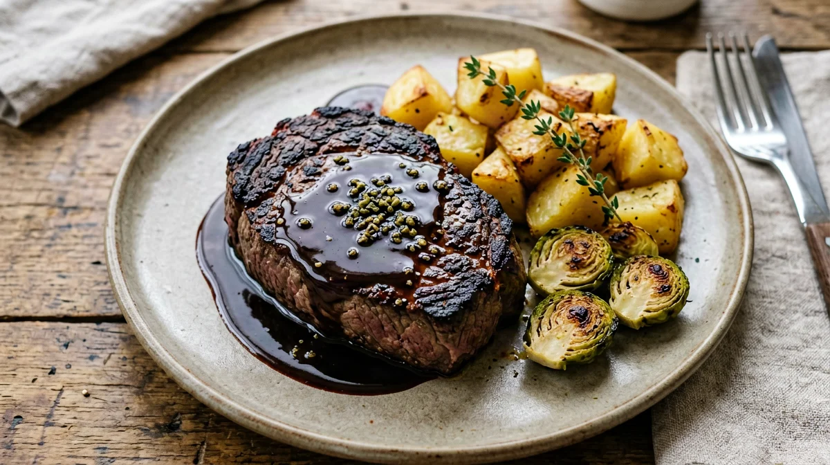 Balsamic beef fillet with Brussels sprouts and potatoes