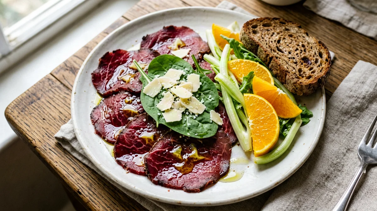 Bresaola con rucola, grana, finocchi all'arancia e pane di segale