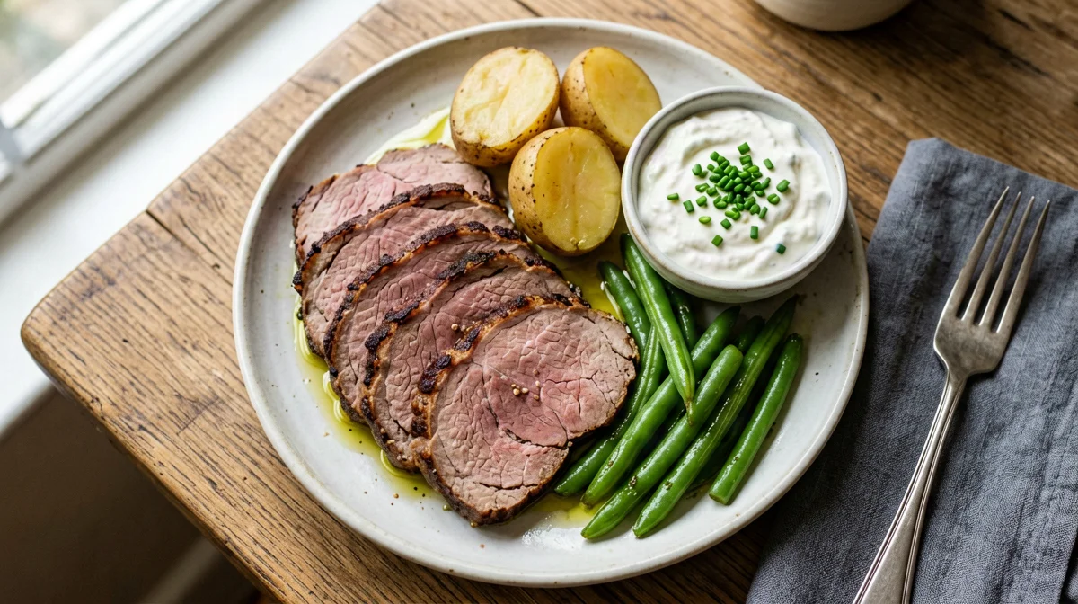 Roast beef con salsa allo yogurt e senape, fagiolini e patate novelle