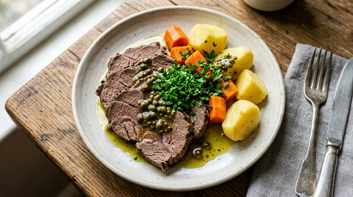 Bollito di muscolo con salsa verde, carote e patate