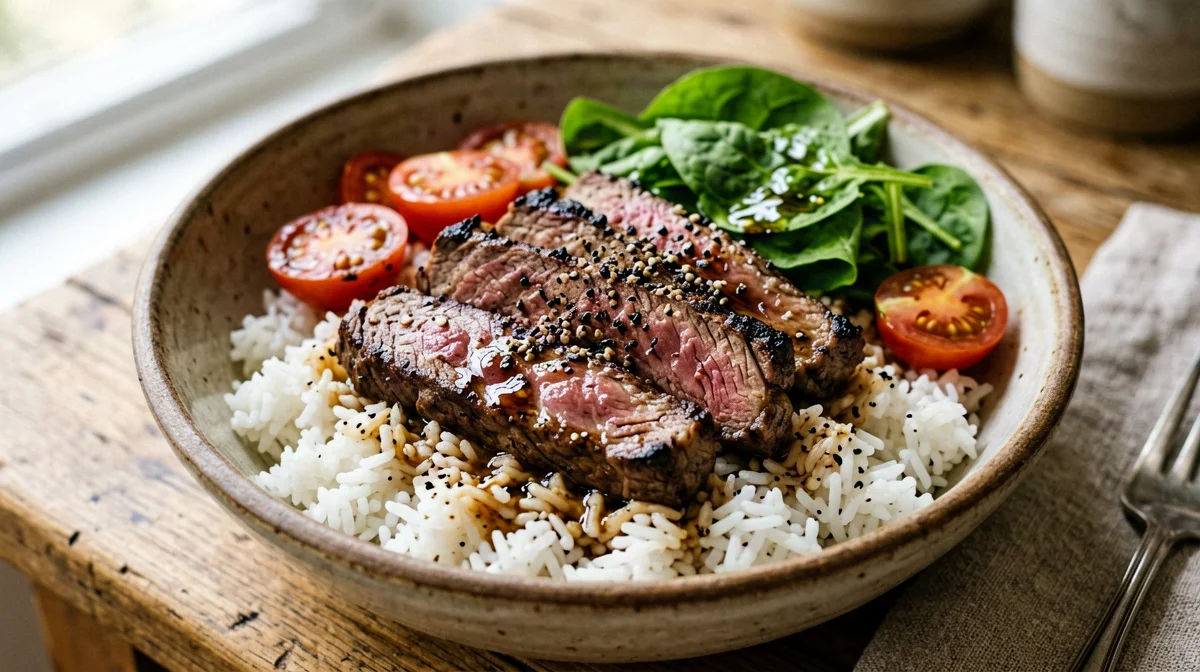 Straccetti di manzo con rucola e pomodorini e riso basmati