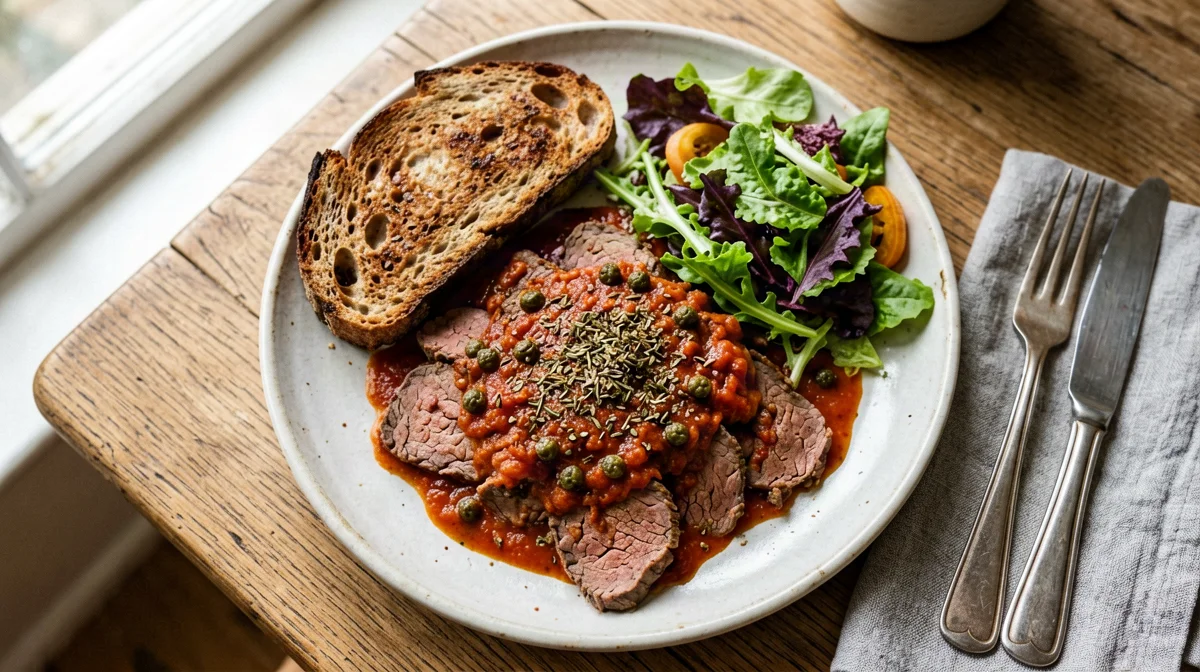 Beef pizzaiola with toasted wholemeal bread and salad