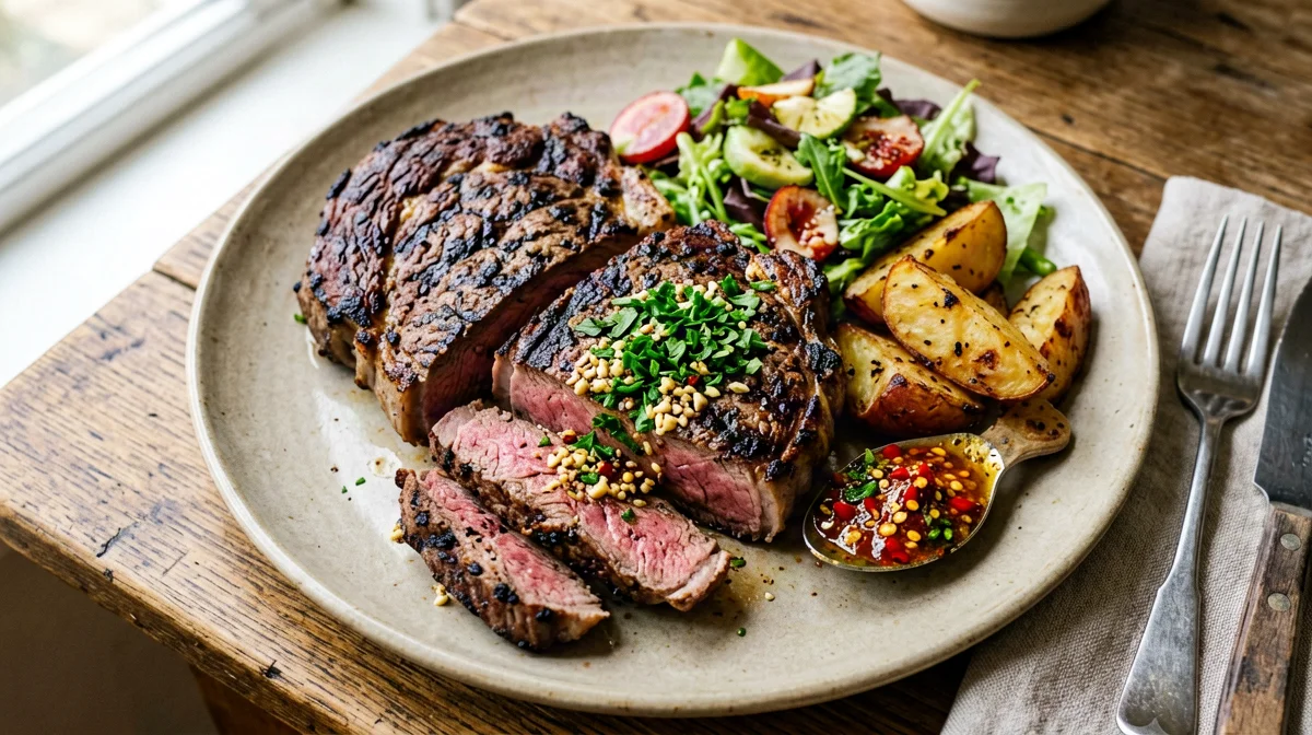 Grilled flank steak with parsley chilli sauce and potatoes