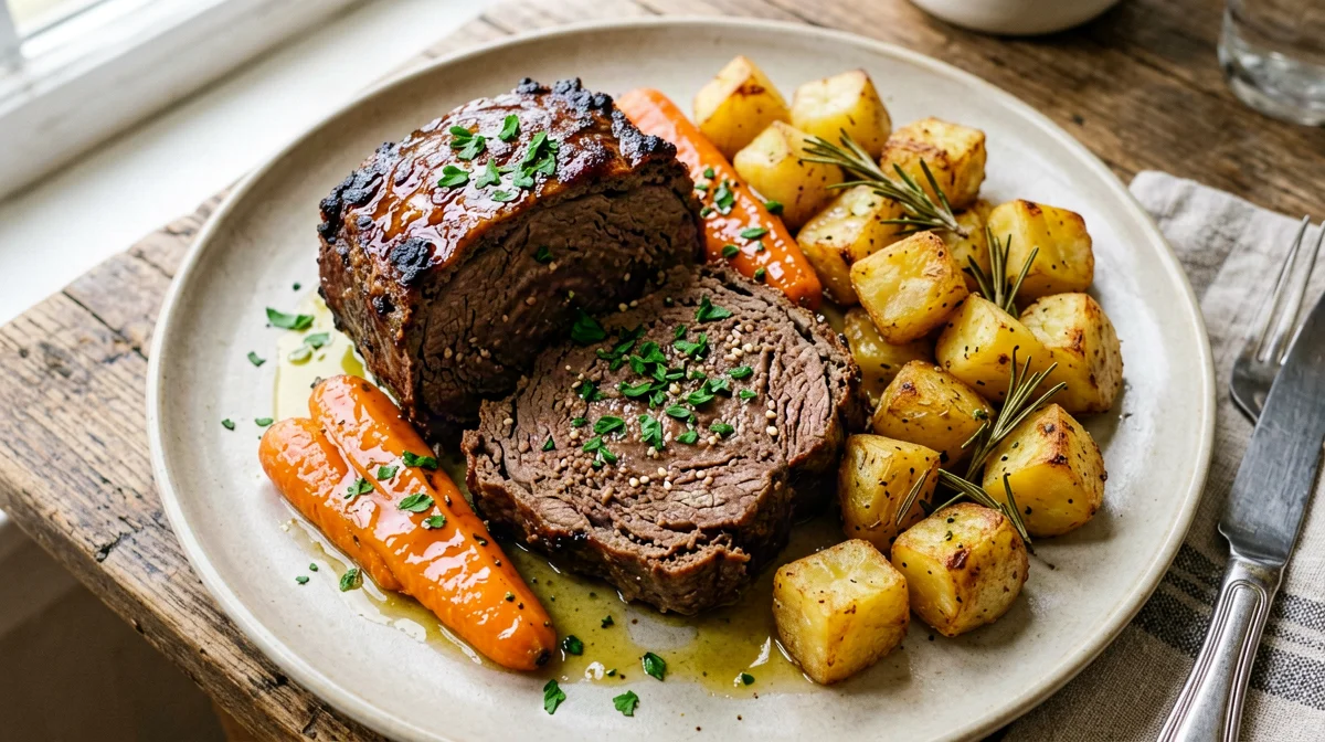 Beef meatloaf with glazed carrots and roast potatoes