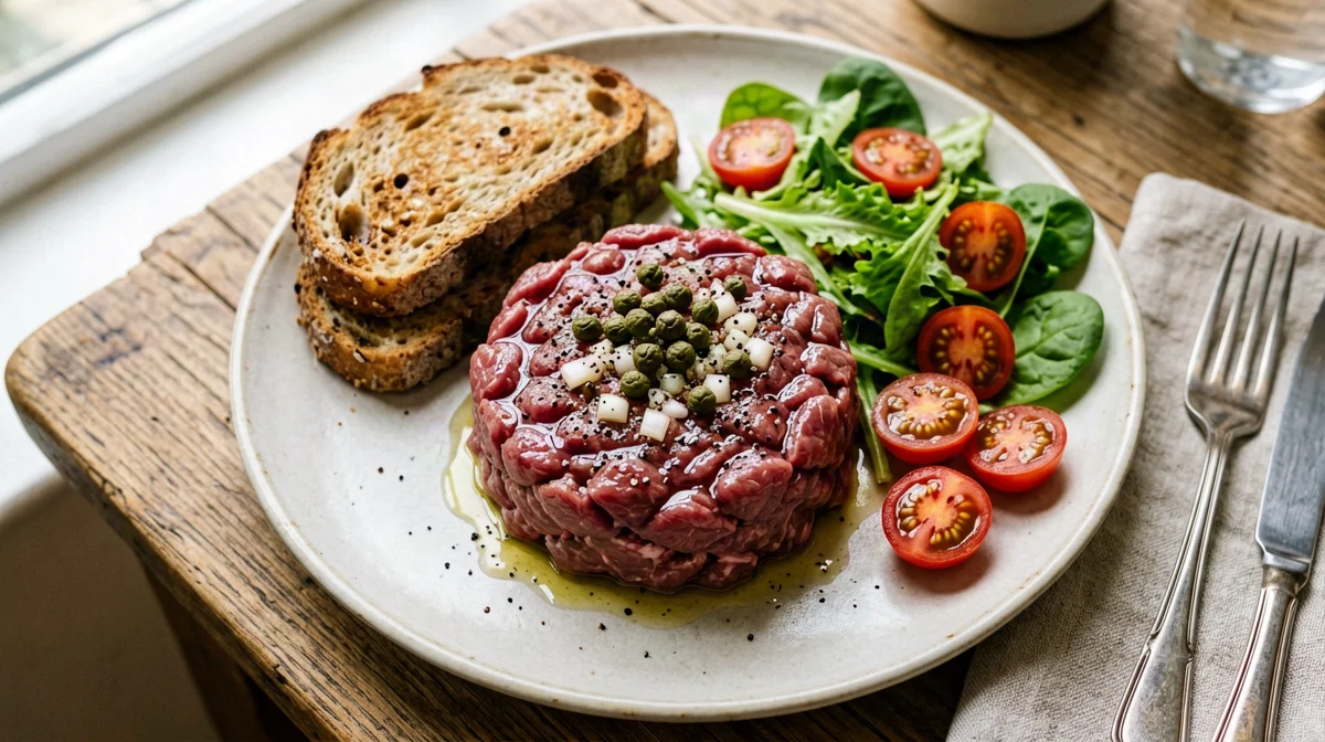 Battuta di manzo al coltello con rucola e crostini integrali
