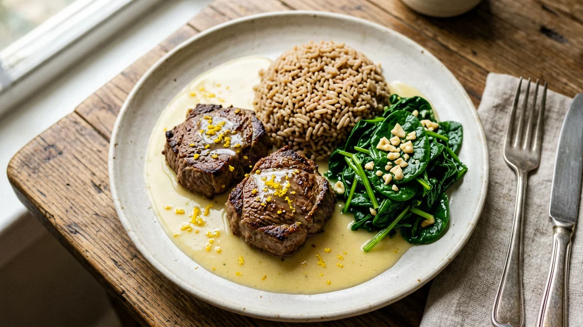 Scaloppine di manzo al limone con spinaci saltati e riso integrale