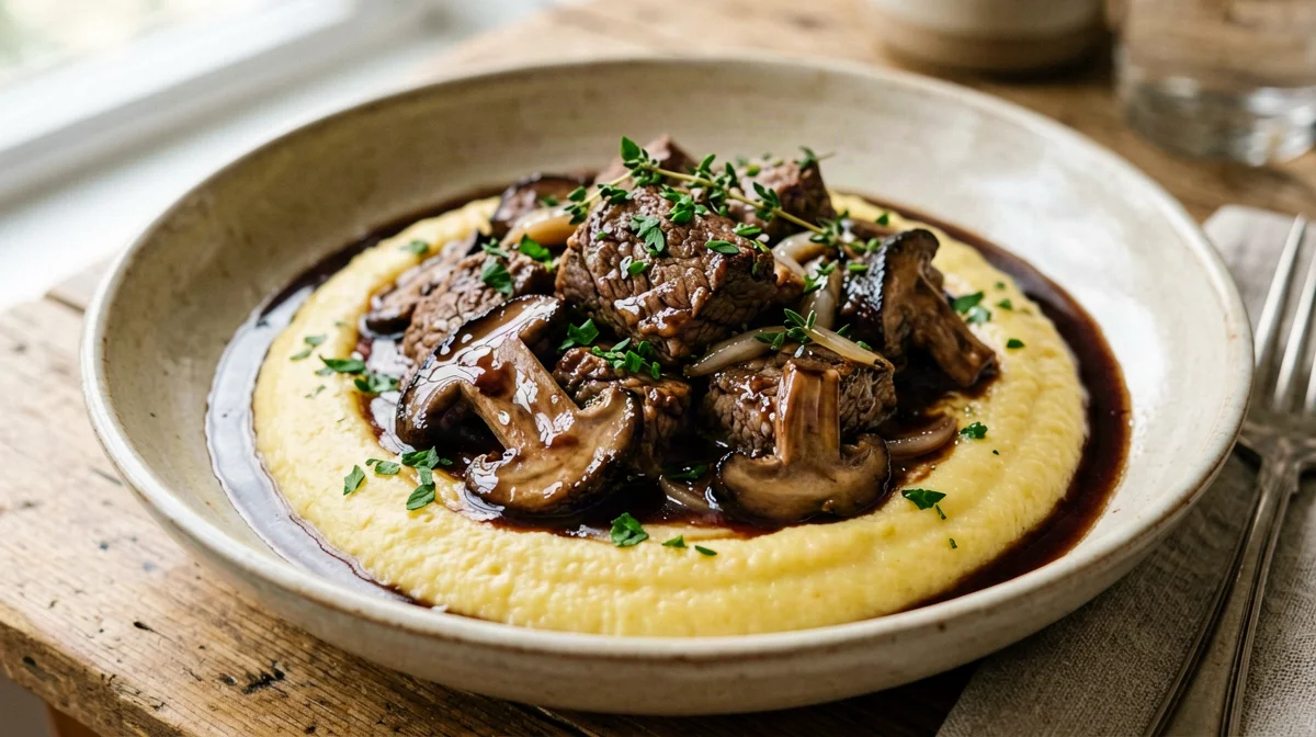 Bocconcini di manzo ai funghi porcini con polenta