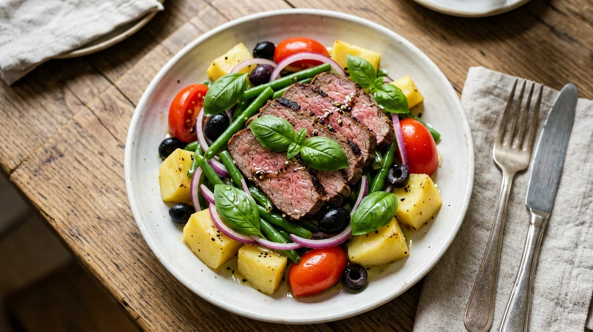 Warm beef salad with green beans, potatoes and tomatoes