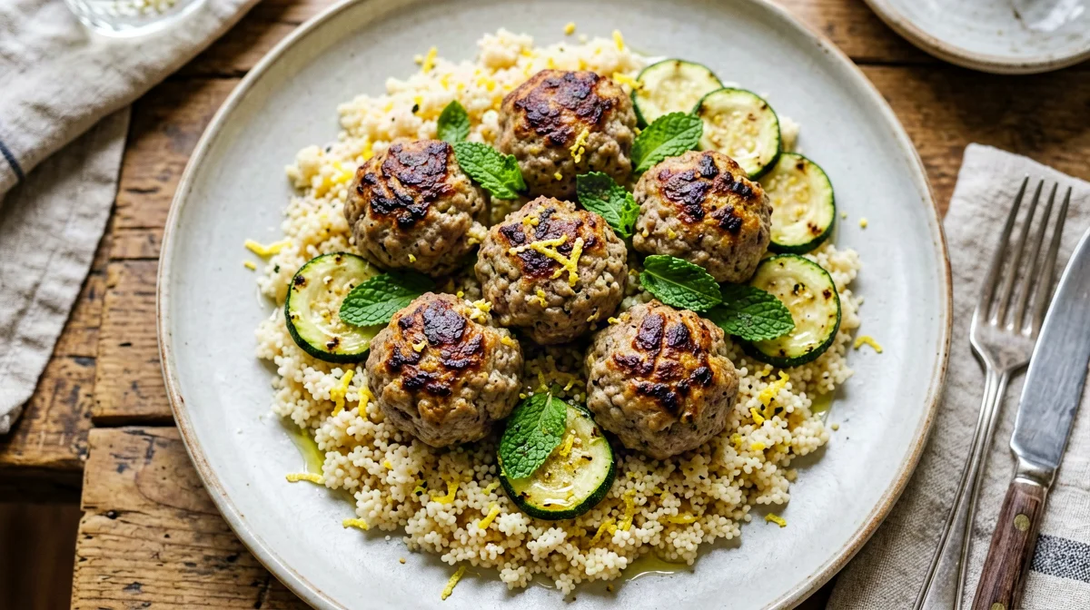Baked beef and ricotta meatballs with zucchini and couscous