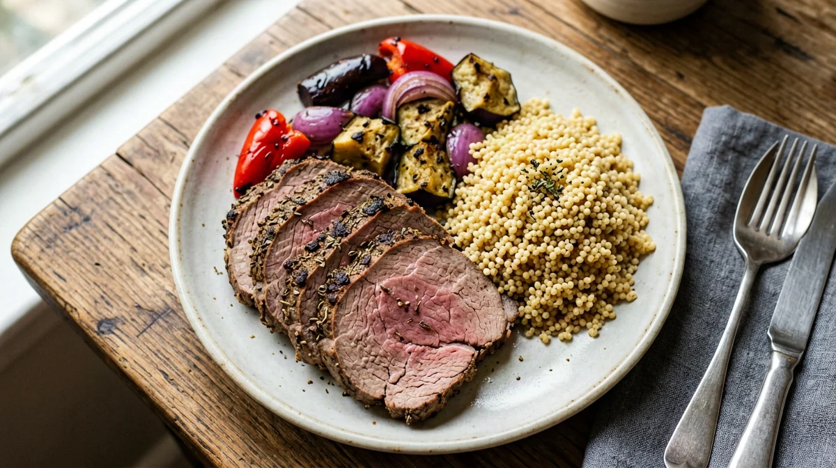 Oven-roasted beef eye round with roast vegetables and spelt