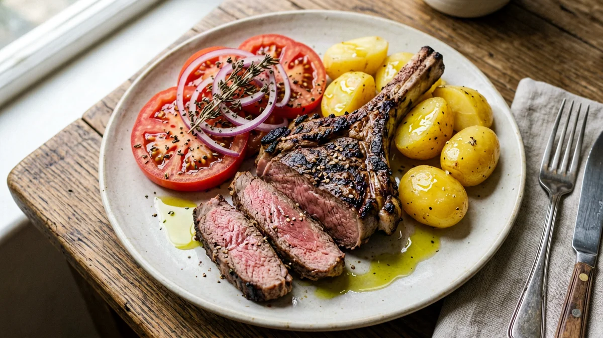 Costata di manzo in porzione con insalata di pomodori e patate lesse