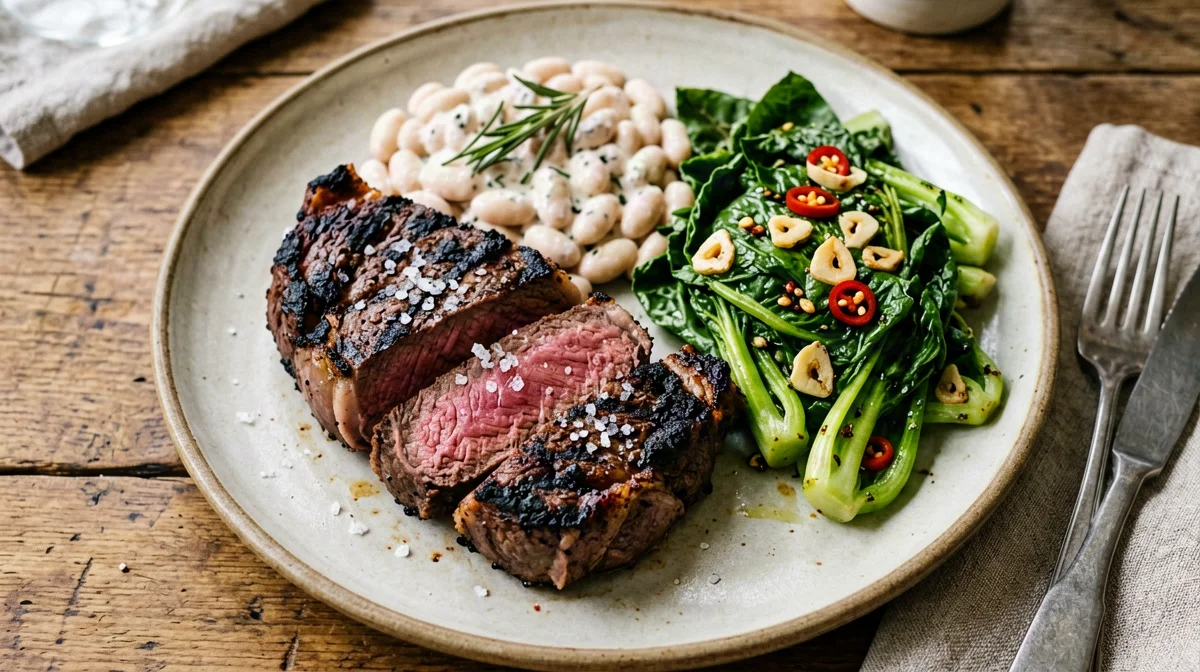 Sliced T-bone with rosemary cannellini and chicory