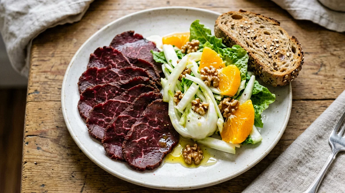 Carpaccio di bresaola con finocchi, arance e noci e pane ai cereali