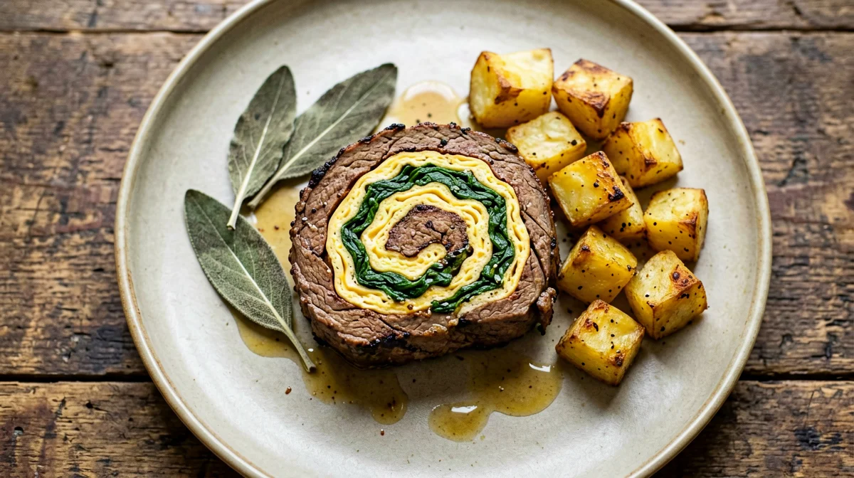 Rotolo di manzo ripieno di frittatina e spinaci con patate