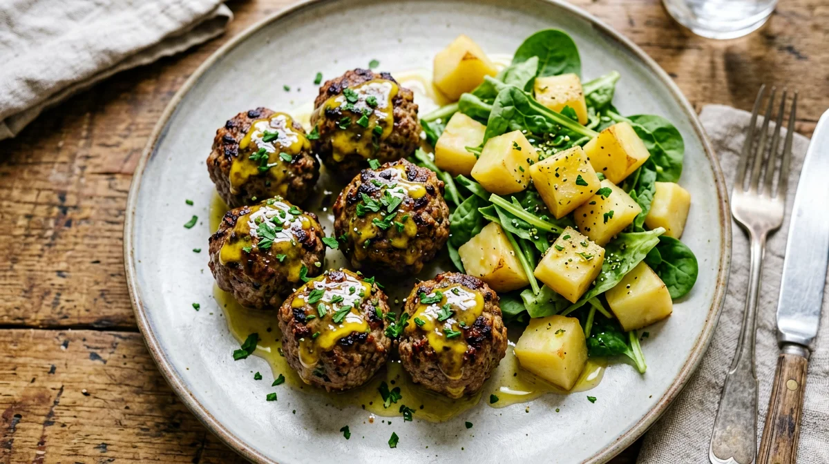 Lemon beef meatballs with potato and rocket salad