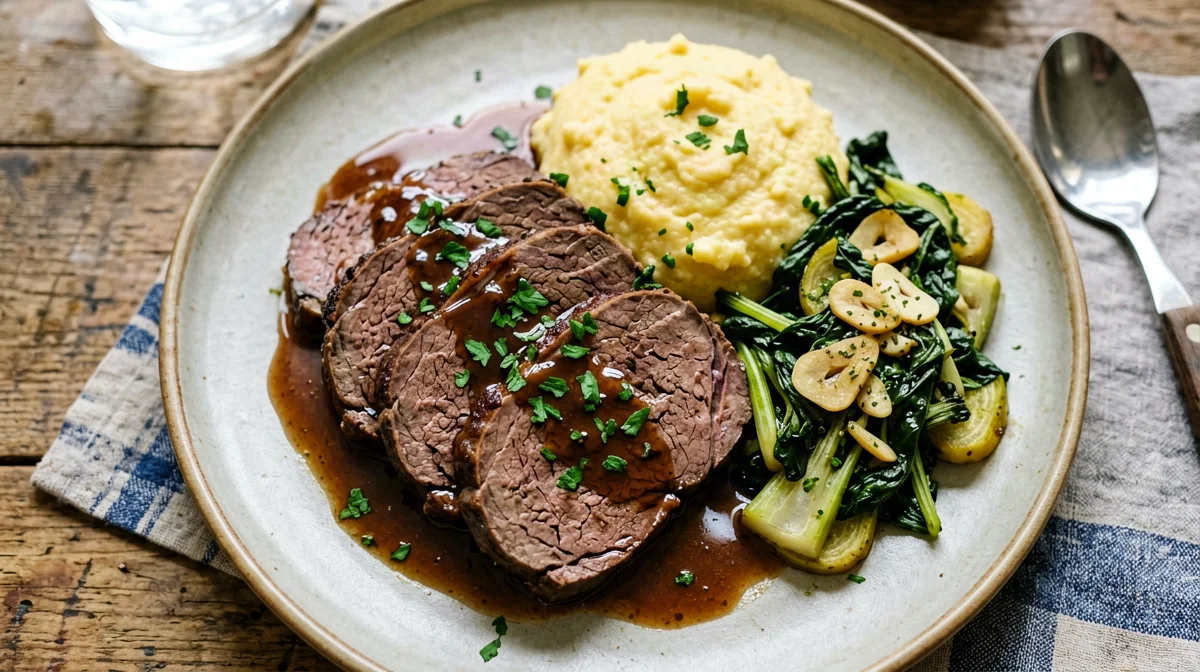 Lombard beef in oil with polenta and turnip greens