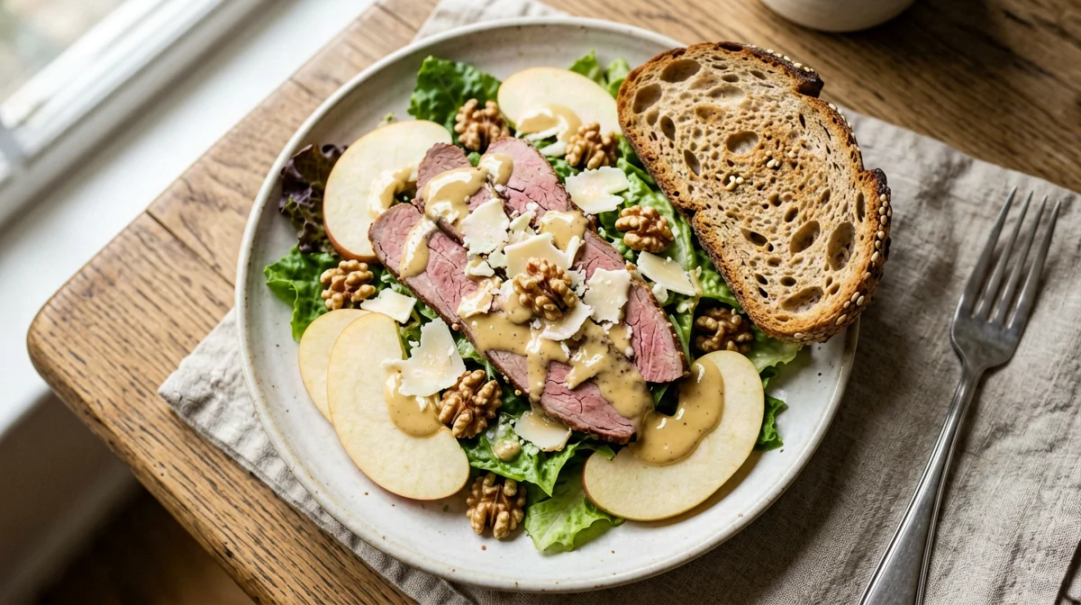 Roast beef, lamb's lettuce, walnut and apple salad with multigrain bread