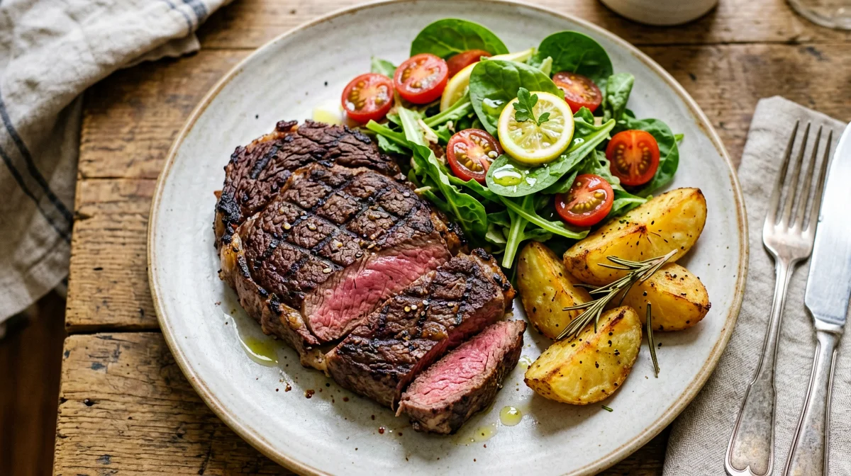 Horse steak with rocket, cherry tomatoes and roast potatoes