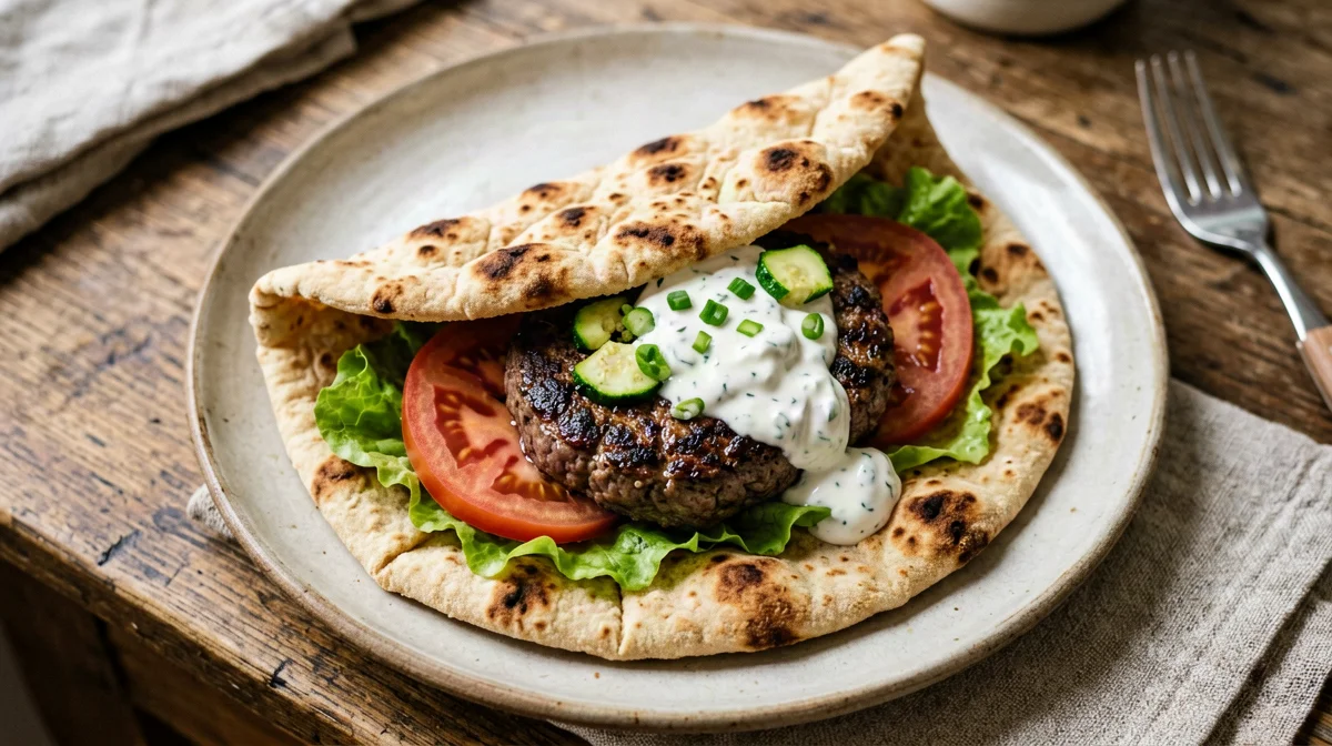 Beef and zucchini burger in a piadina with salad