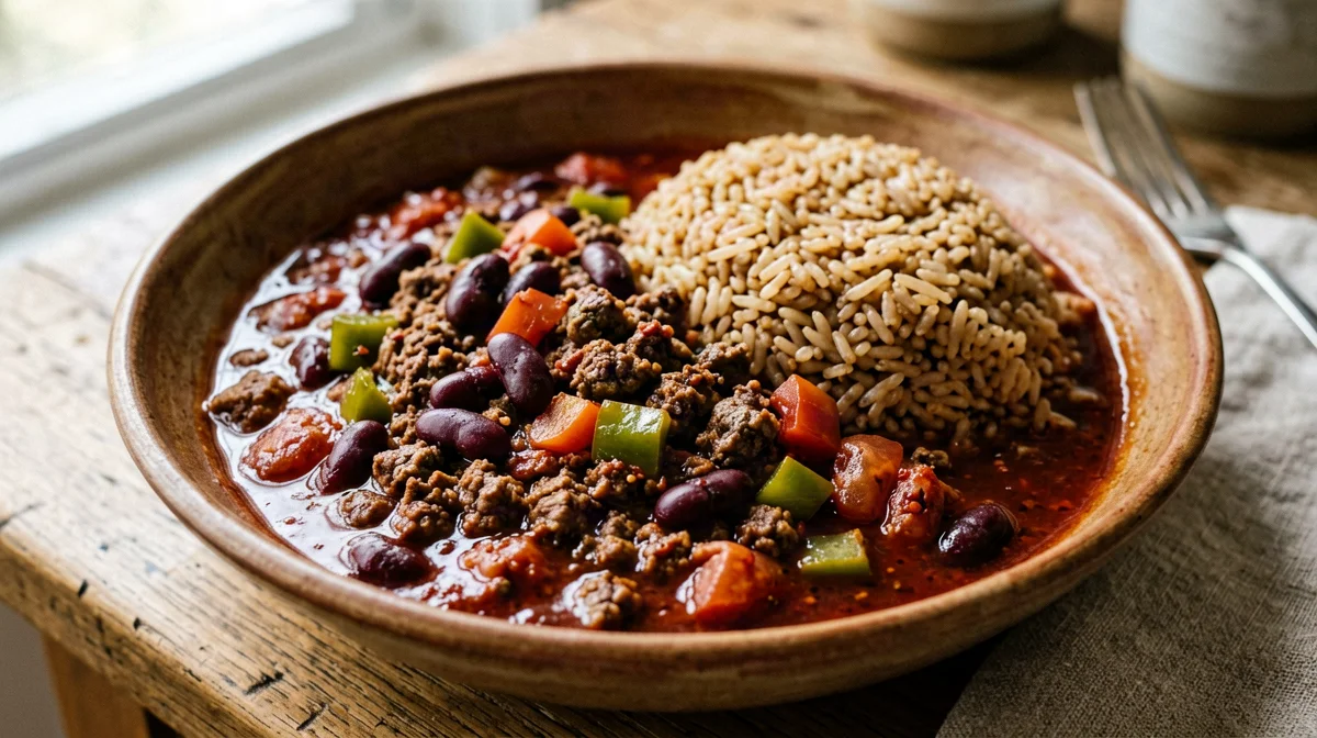 Lean beef chilli with red beans and brown rice