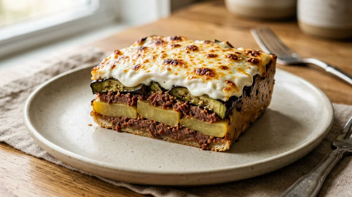 Aubergine and potato bake with lean beef ragù