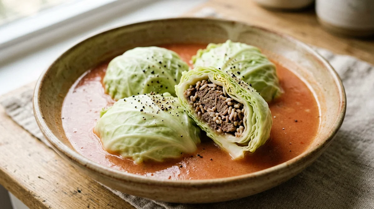 Savoy cabbage rolls with beef and rice in tomato broth