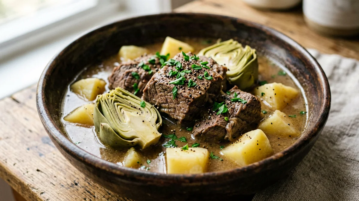Bocconcini di manzo con carciofi e patate in umido