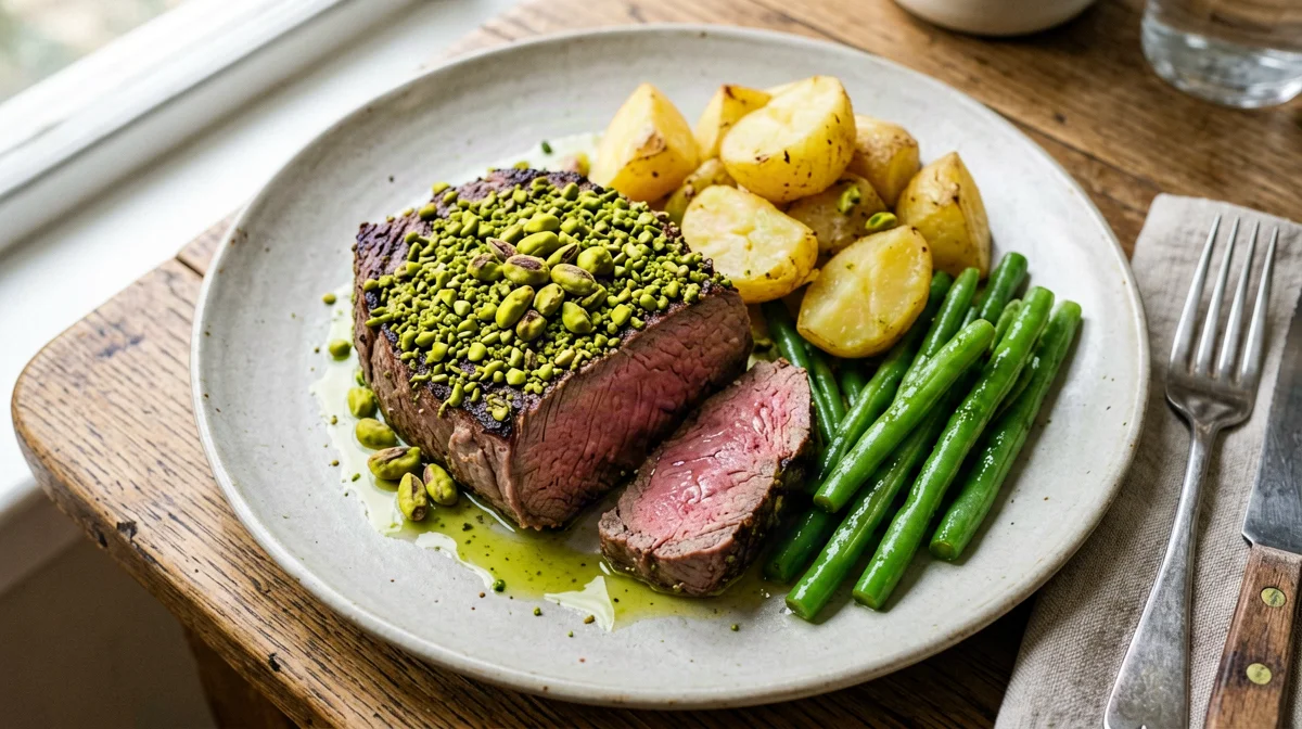 Filetto di manzo in crosta di pistacchi con fagiolini e patate