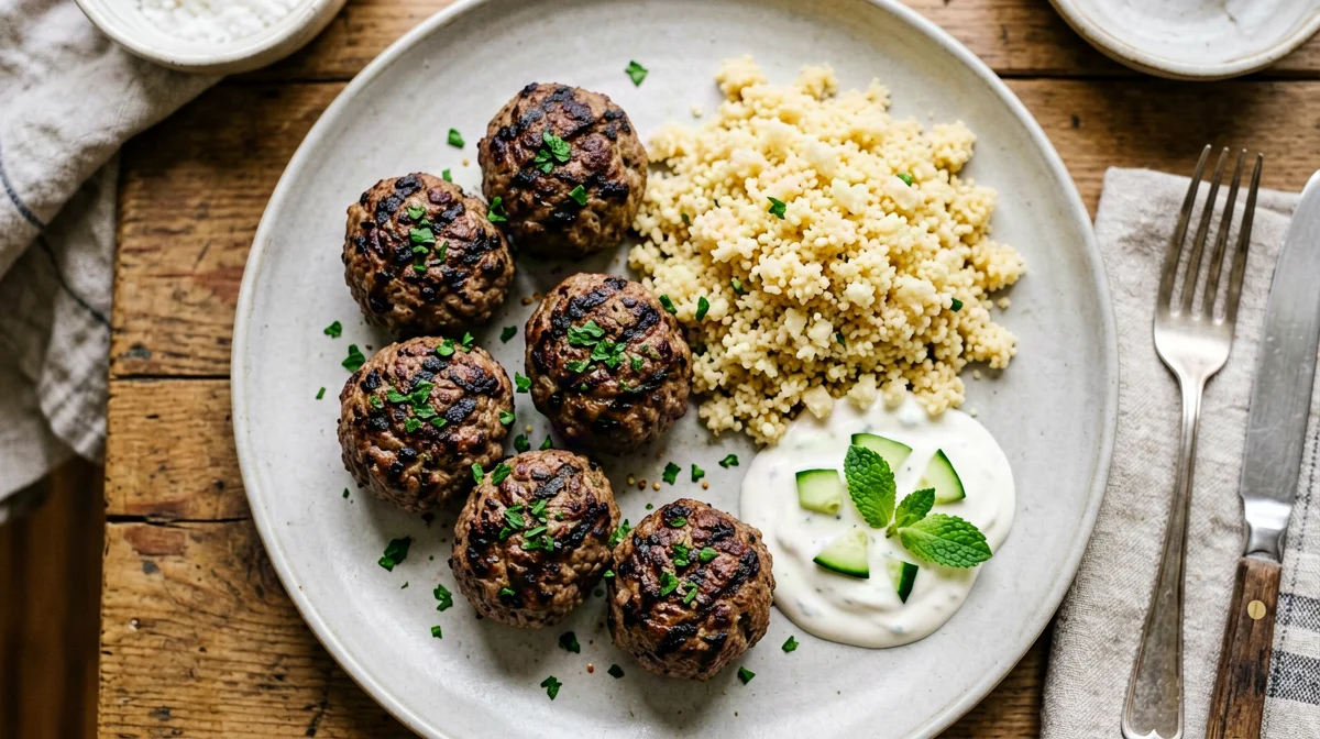 Spiced beef meatballs with yogurt sauce and couscous
