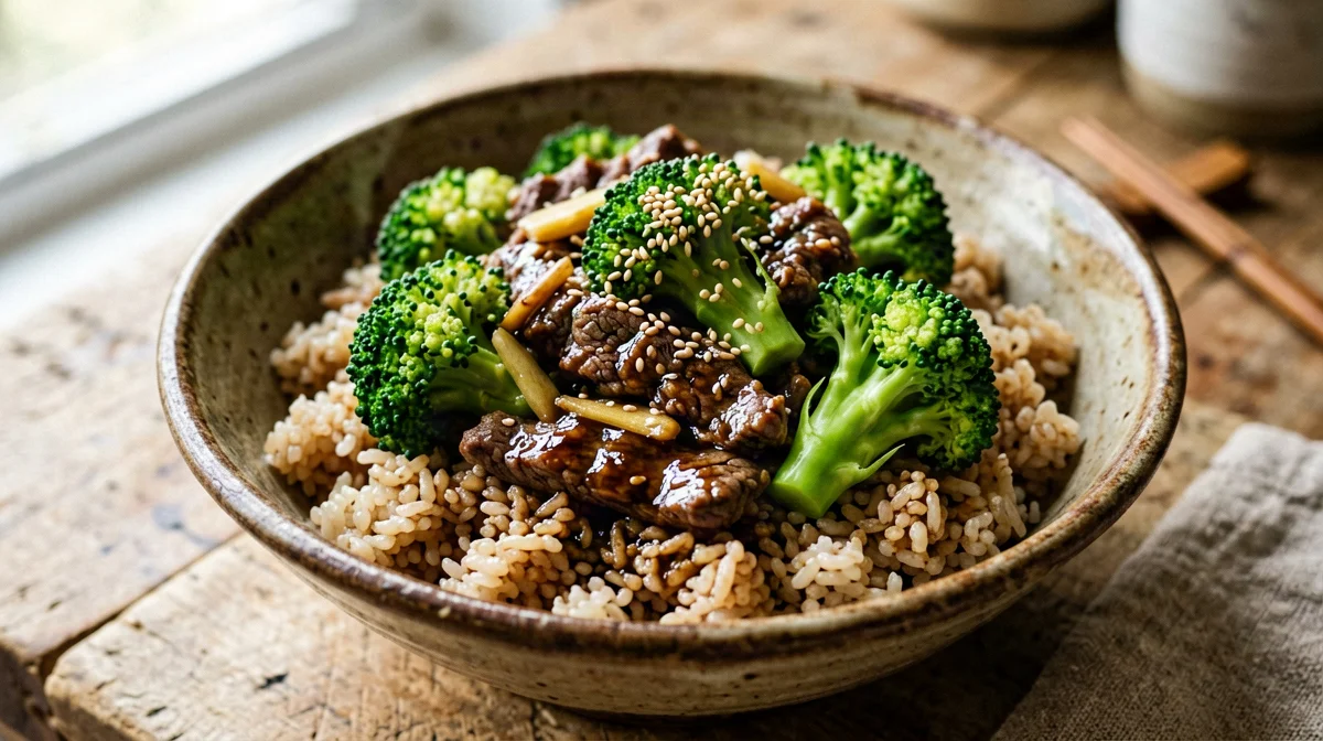 Beef stir-fry with broccoli, ginger and brown rice