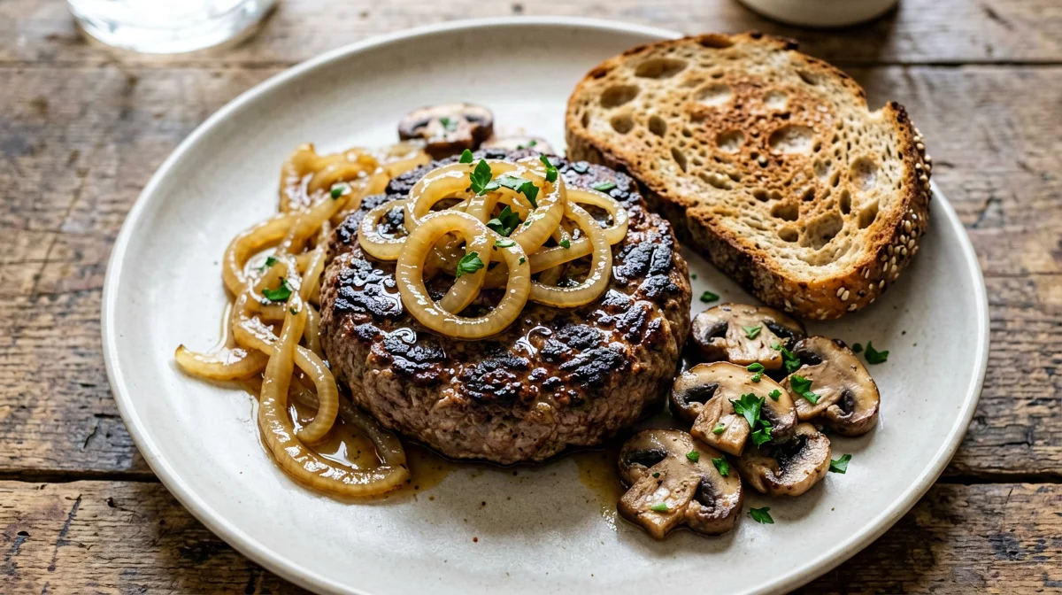 Plated burger with stewed onions, mushrooms and multigrain bread