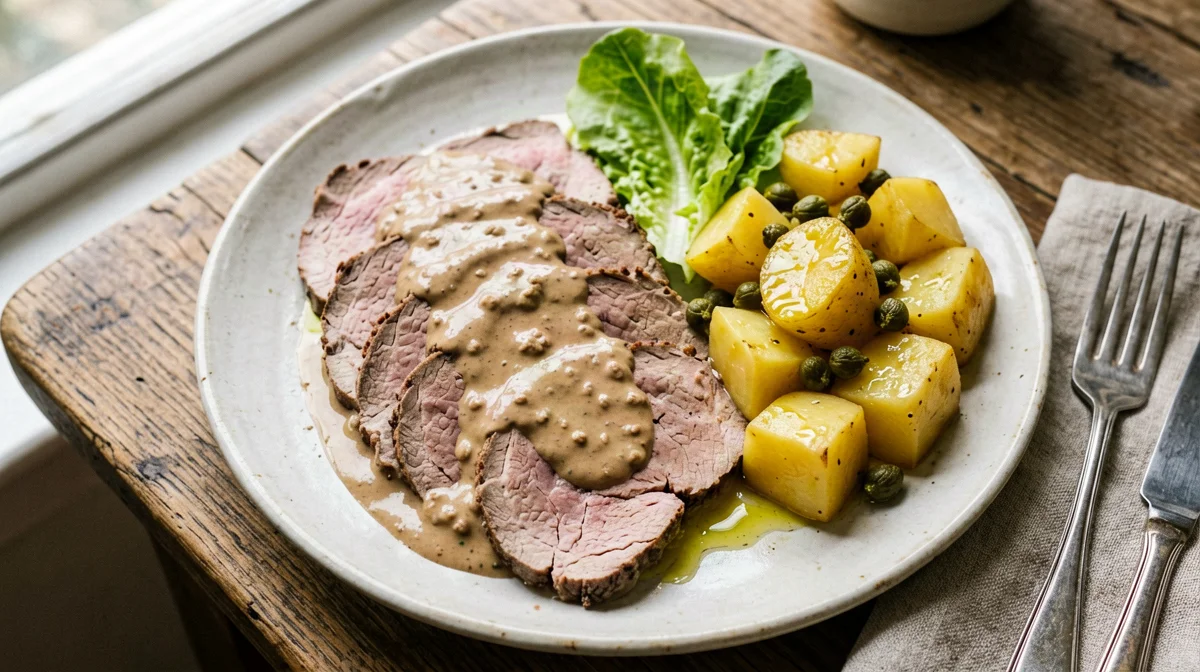 Fesa di manzo tonnata con insalata di patate e capperi