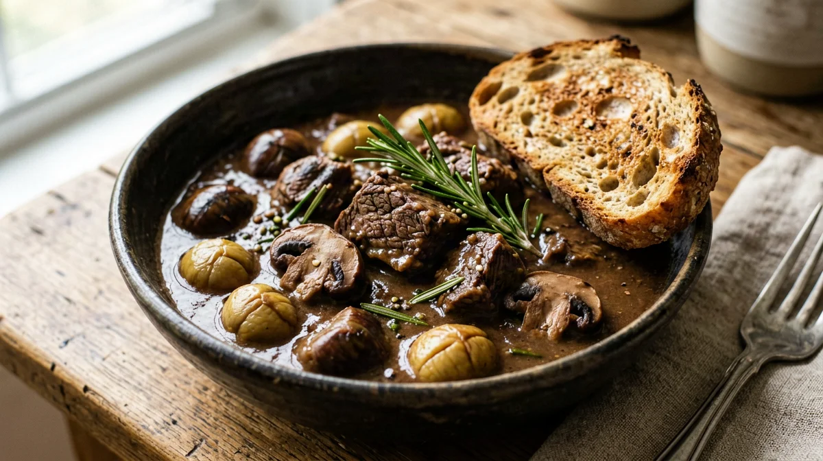 Stufato di manzo con funghi e castagne e pane integrale