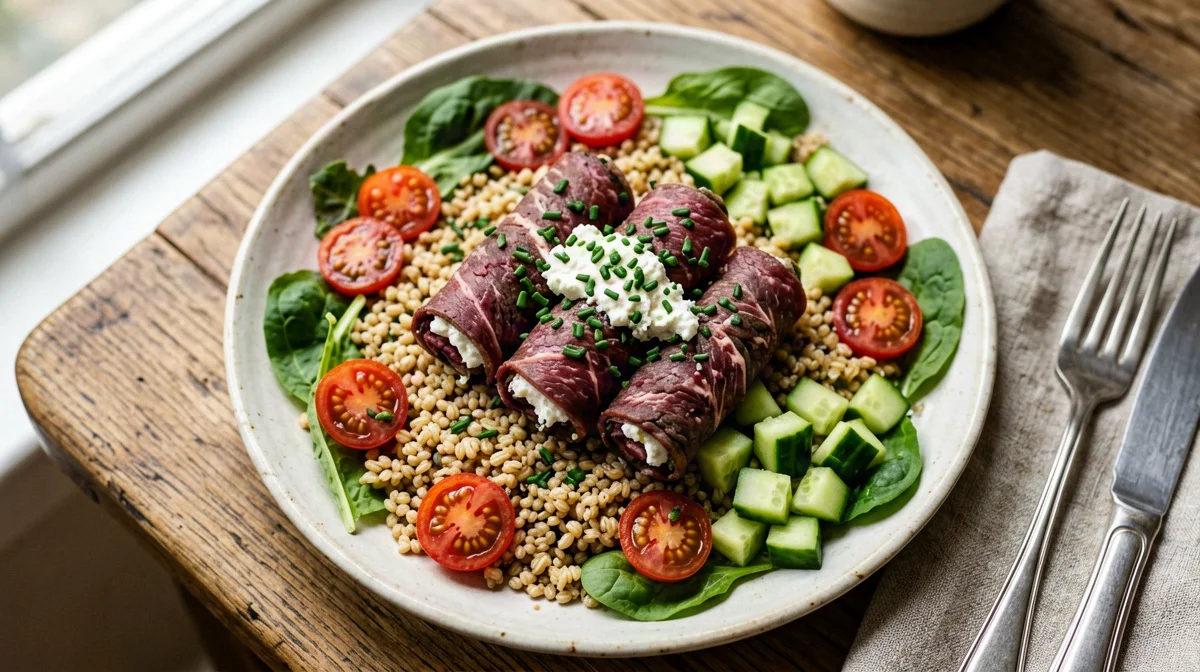 Bresaola rolls with herbed goat's cheese and spelt vegetable salad