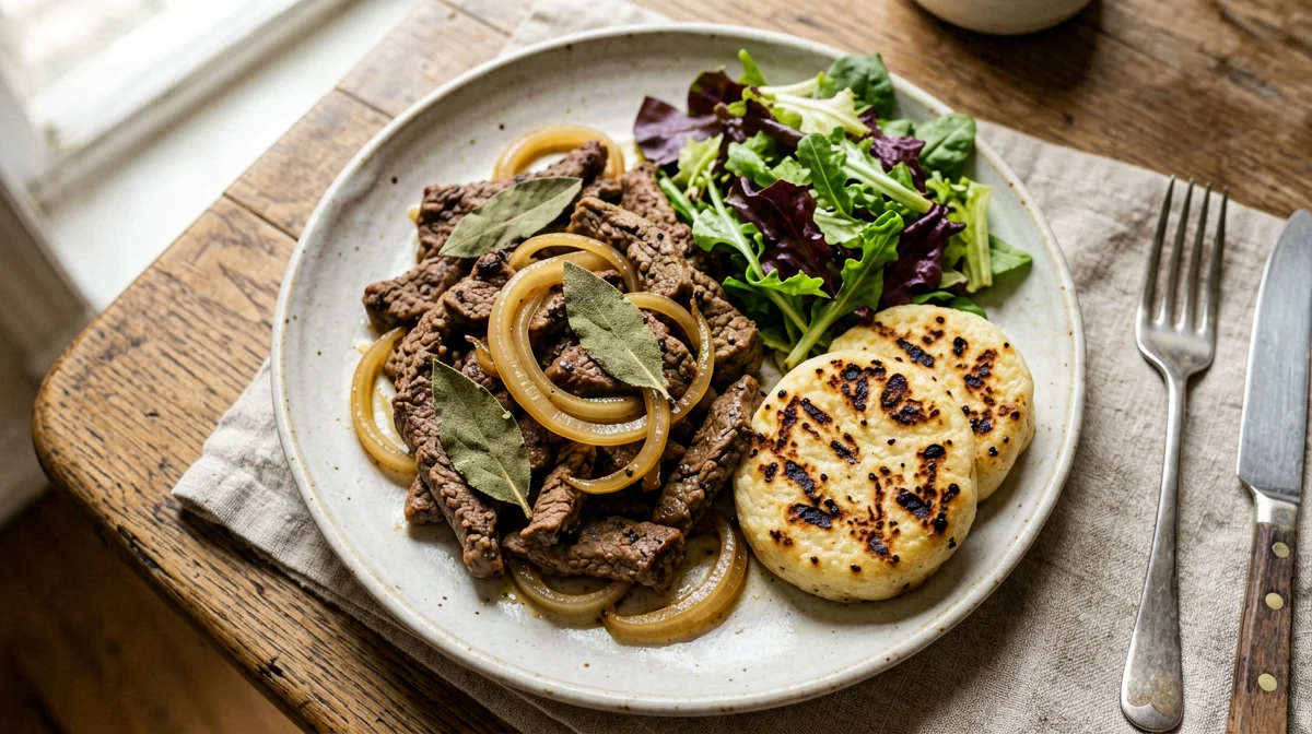 Fegato di manzo con cipolle e polenta grigliata